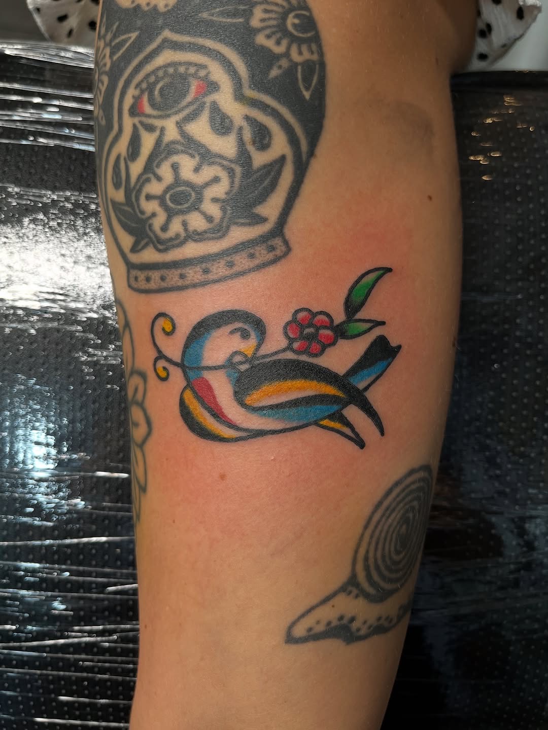 Traditional swallow tattoo done at Good Hand Tattoo